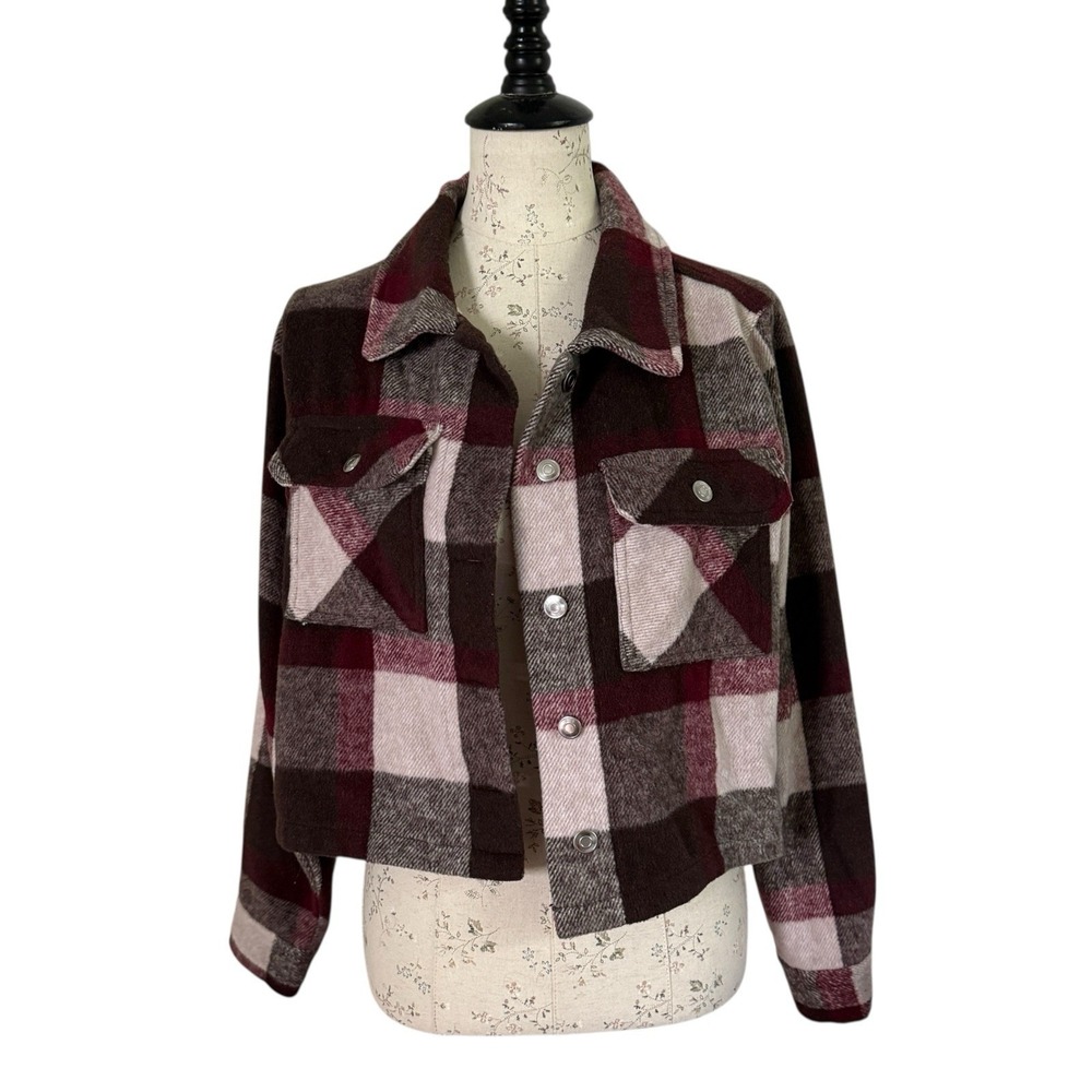 Women's Plaid Utility Jacket - Burgundy and Gray